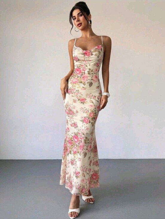 SHEIN Dresses & Skirts - Firerie Plunging Neck Abstract Floral Print Bodycon Maxi Dress